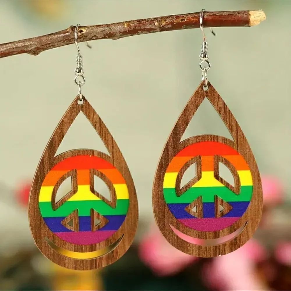 Wooden Rainbow Peace Symbol Earrings NWT